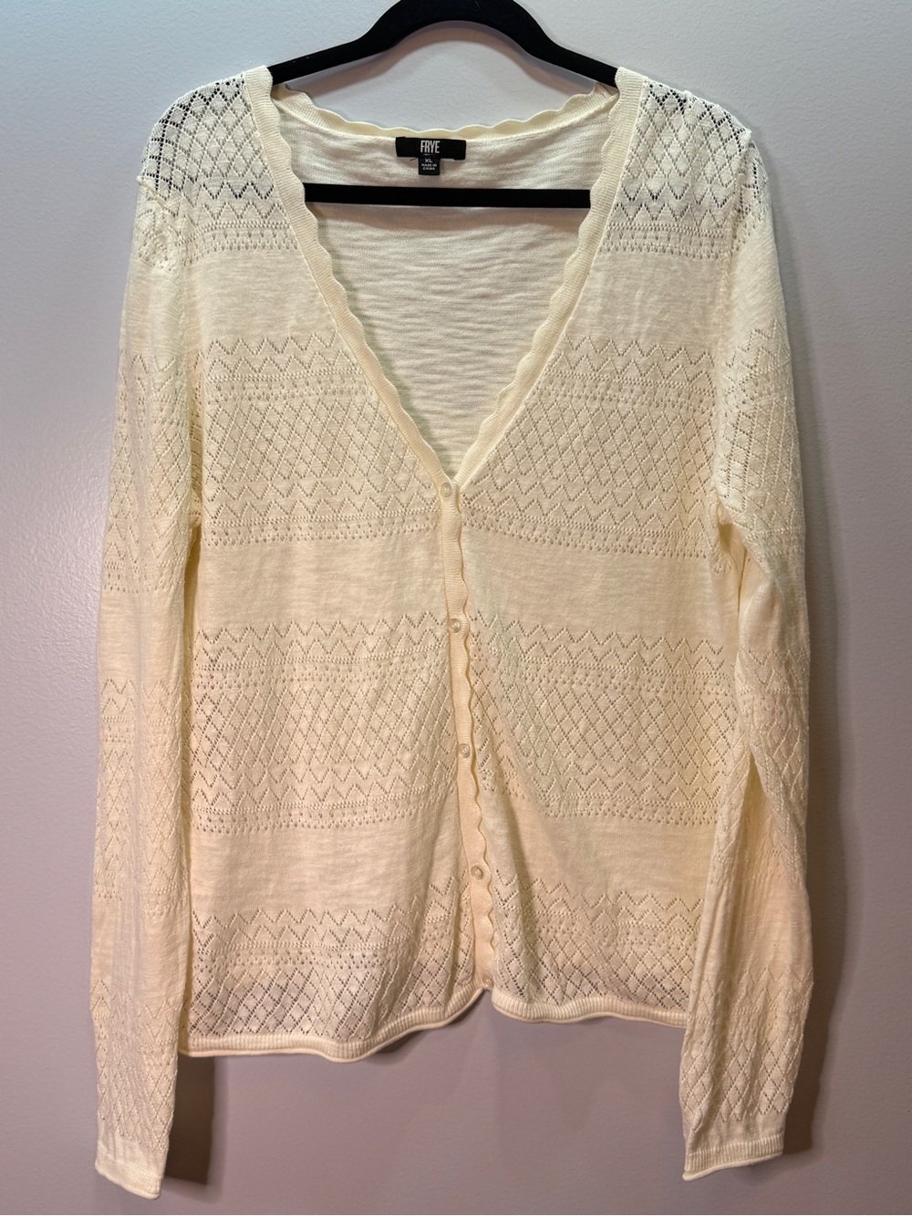 Frye Cream Openwork V-Neck Button Cardigan